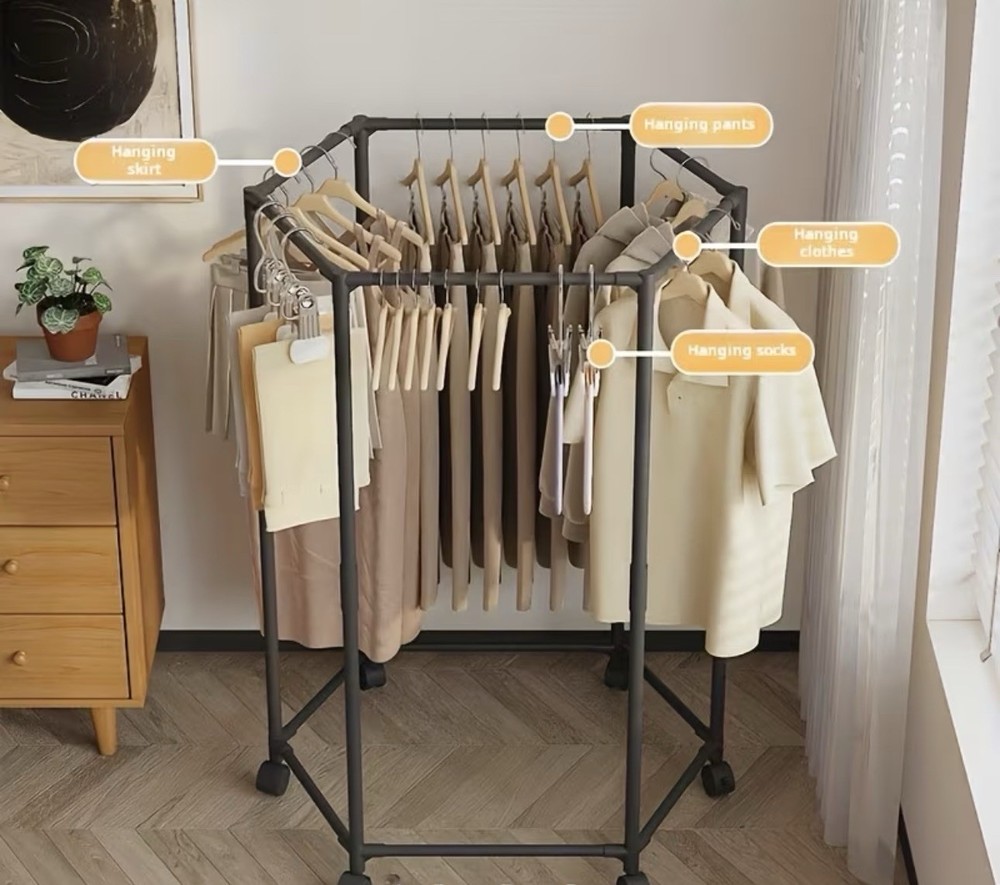 Hexagonal Rotary Clothes Rack, Self-Standing Vertical Clothing Hanging Rack