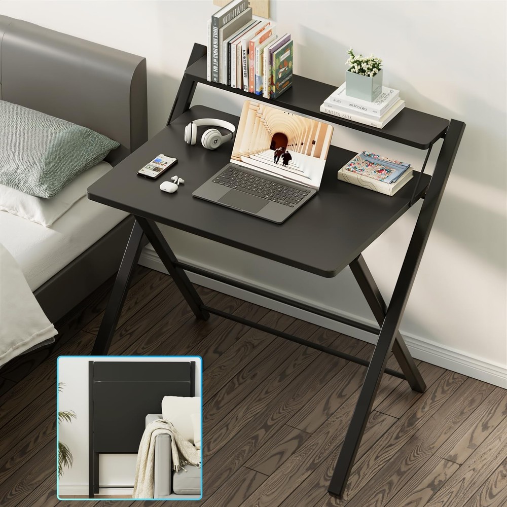 GreenForest No Assembly Folding Desk, 2-Tier Compact Computer Desk with Shelf...