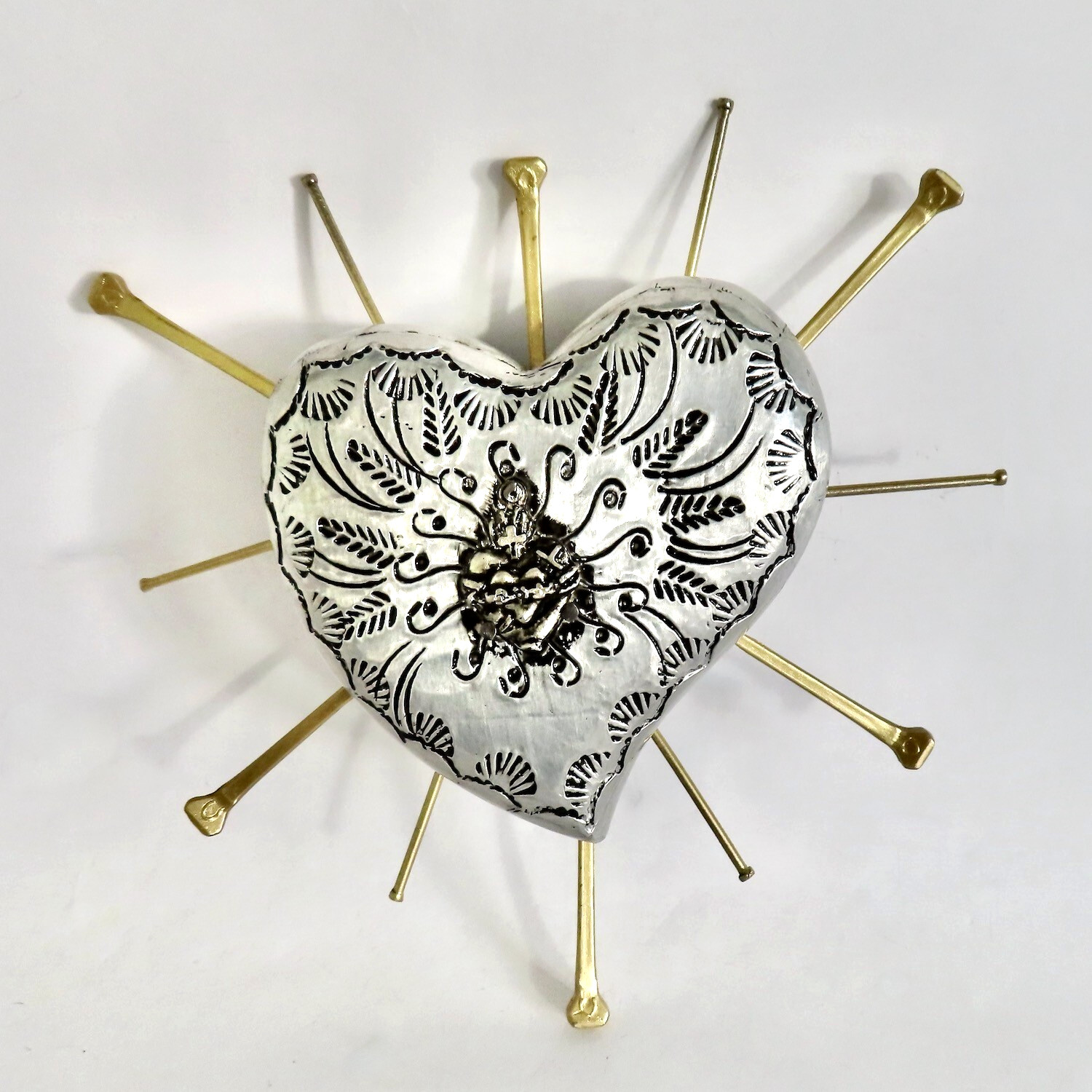 Milagros Sacred Heart Nails Wood Silver Embossed Handmade Mexican Folk Art 6H