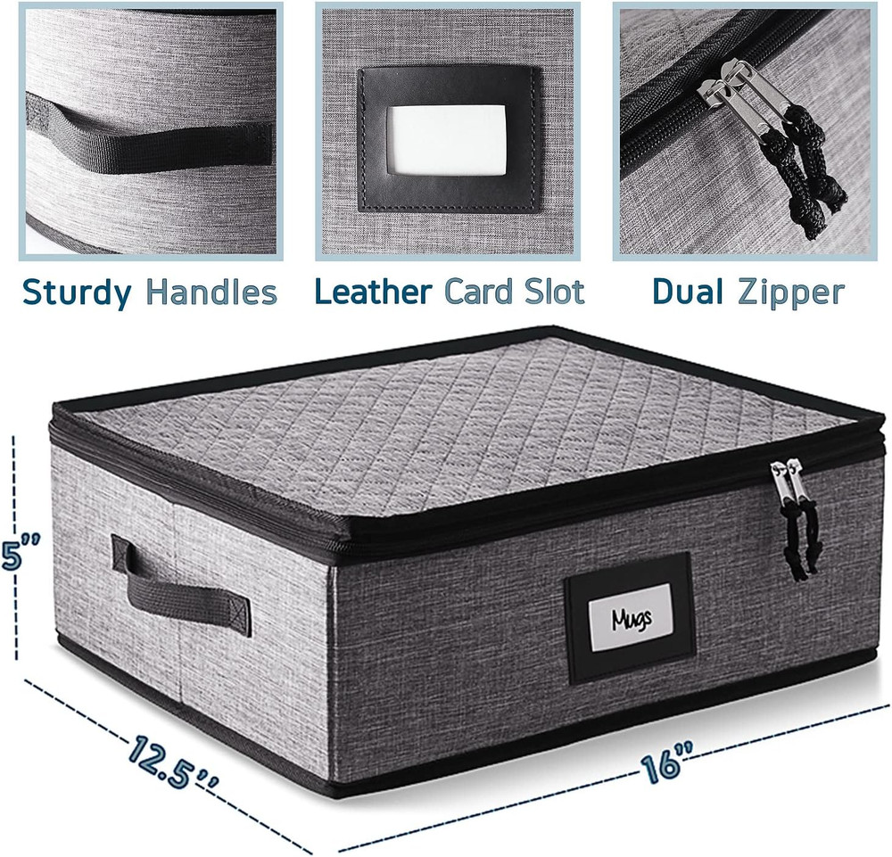 Stackable Quilted Coffee Mug Storage Organizer for 12, Grey Hard Shell