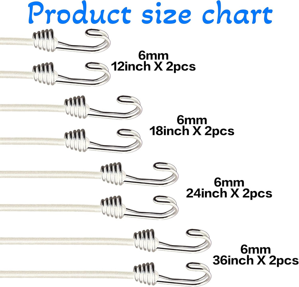Bungee Cords with Hooks - 6mm Small Bungee Cords, 8-Piece Set - Black, White,...