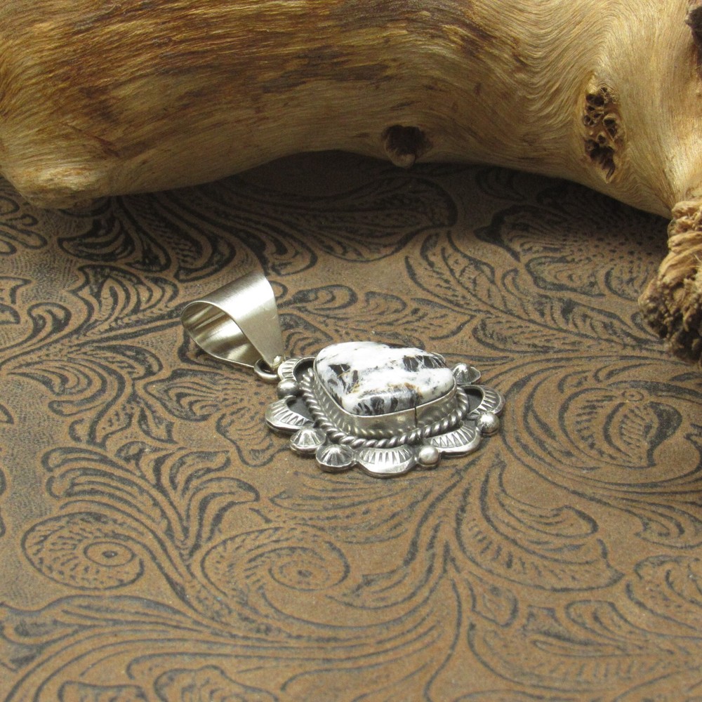 *Triangular White Buffalo Sterling Silver Hand Stamped Oxidized Pendant
