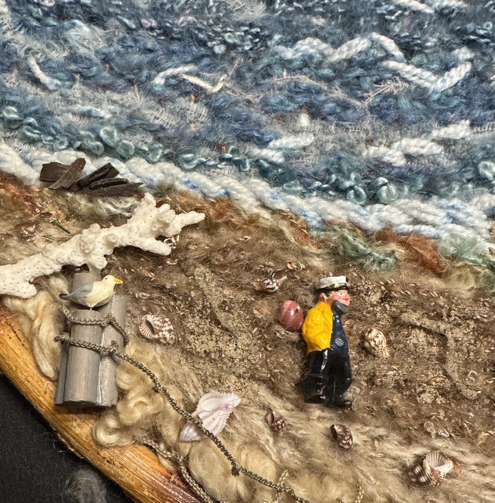 Vtg 80s Lighthouse Shell Mixed Media Artwork Nautical Beach Wool Yarn Shell