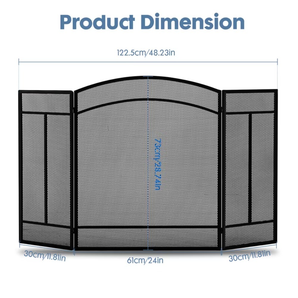 48" Fireplace Screen with Hinged Doors, 3 Panel Spark Guard Cover