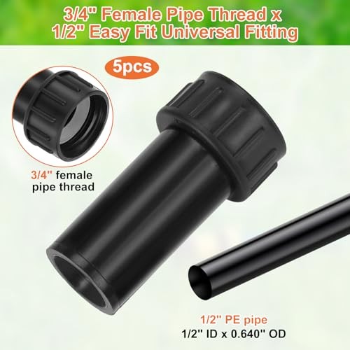 5 Pcs Drip Irrigation Coupling Adapter, 3/4 Female Pipe Thread Fits 1/2