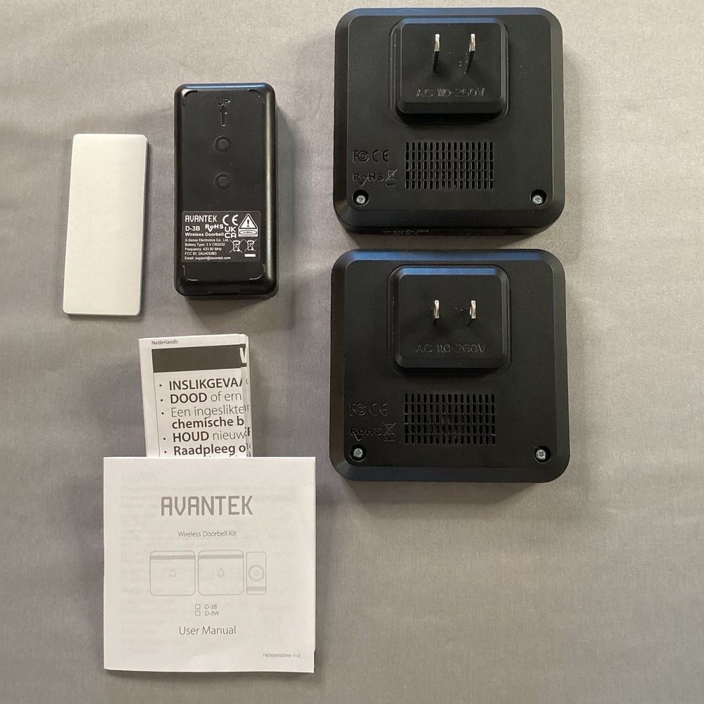 AVANATEK D-3B Wireless Doorbell Kit 2 Plug In Receivers 1 Button Tested Working