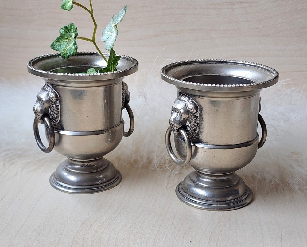 🌿 Pair Of Vintage EALES 1776 Lion's Head Metal Pot Silverplate 3" bucket Urns