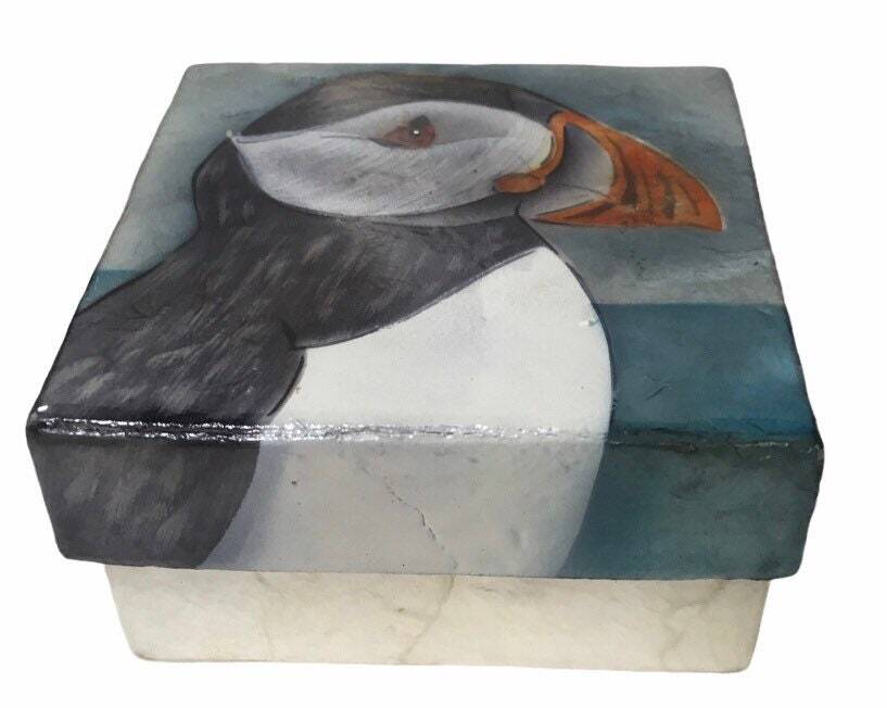 Handpainted Handmade Square Puffin Capiz Shell Box 4"