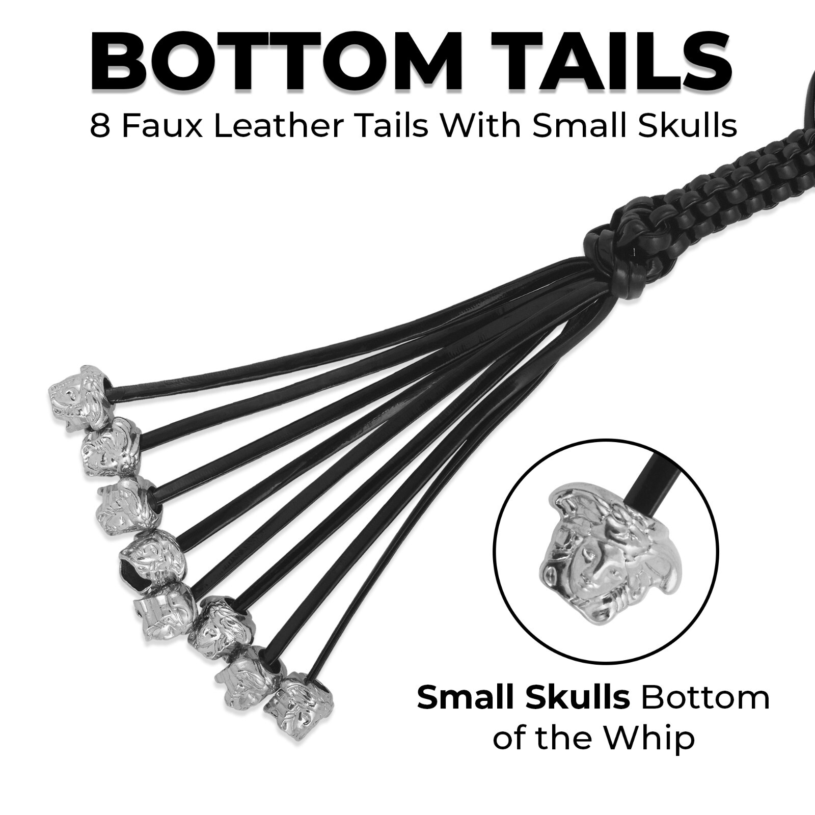 42" Leather Motorcycle Get Back Whip 1 Ball & Skulls Handlebar Black Biker Whip