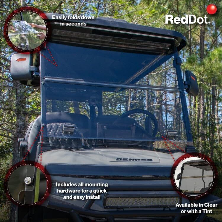 RedDot 1/4" Folding Golf Cart Windshield for Denago EV Rover XL - Tinted