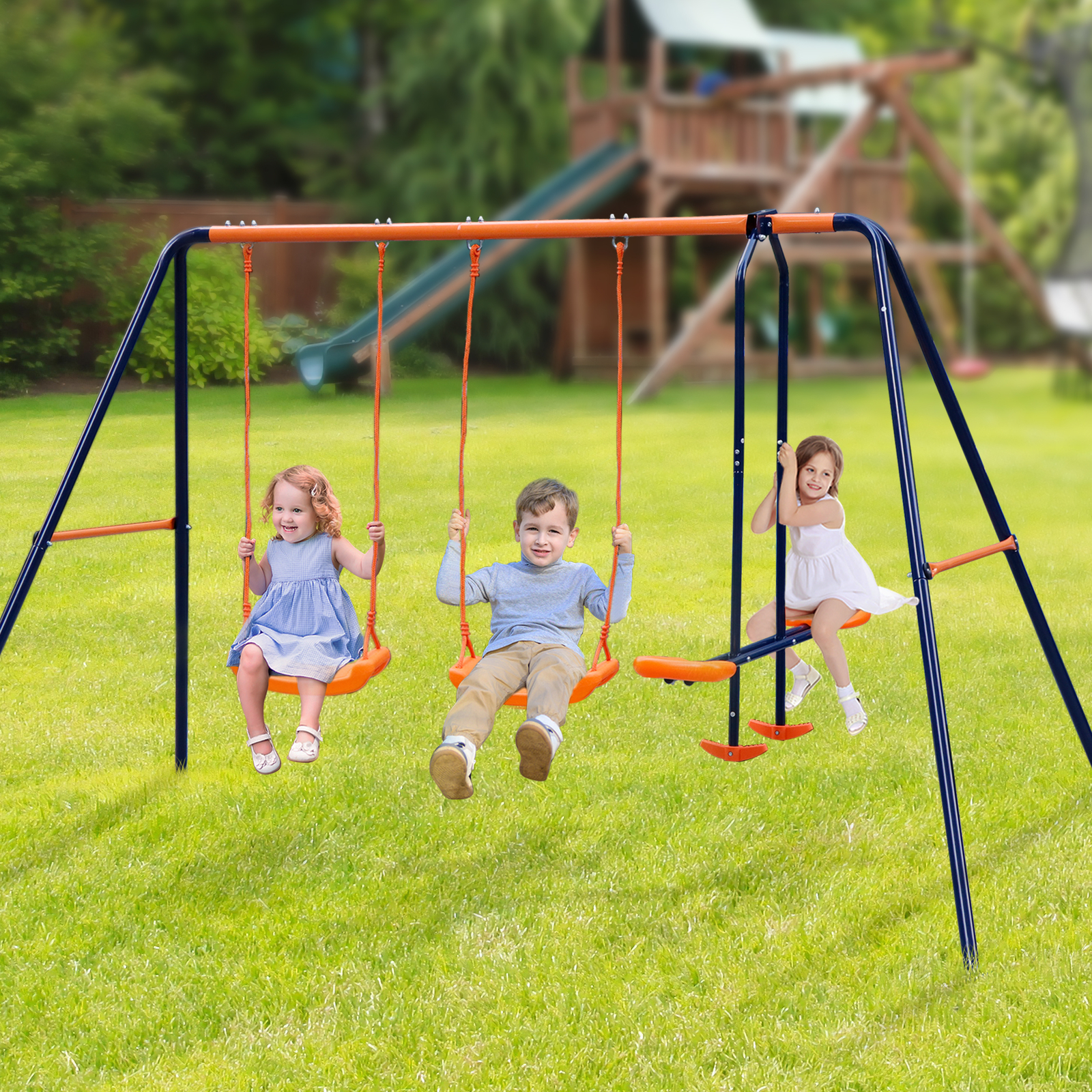 Double Kids Play Swing Set w/ 2 Seats & 1 Glider for Outdoor Backyard Heavy-Duty