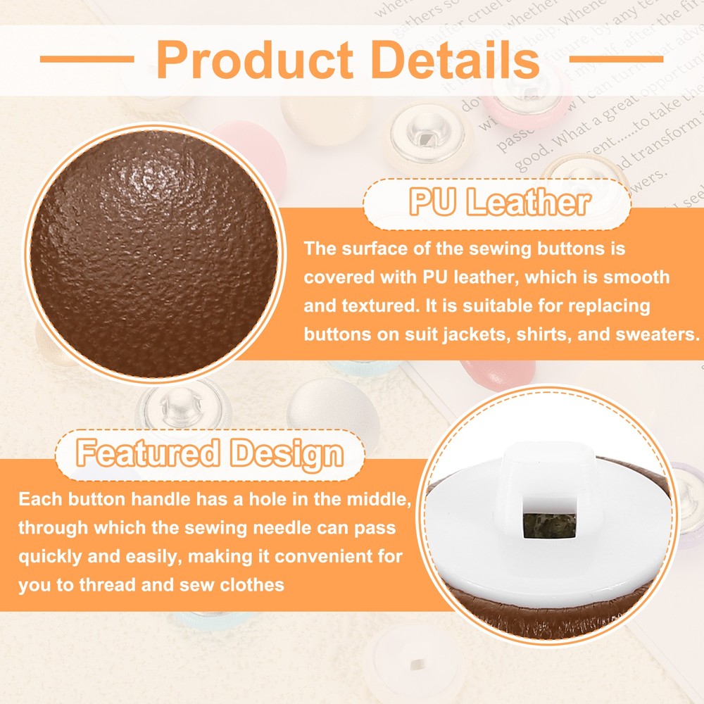 25pcs PU Leather Covered Button 15mm Plastic Shank Round Button, Yellow