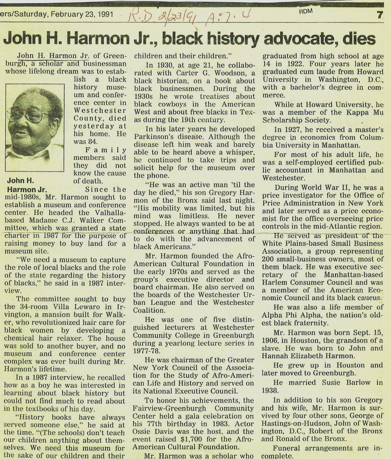 Vintage African American Ephemera~John H. Harmon~1963 Press Release~1991 Program