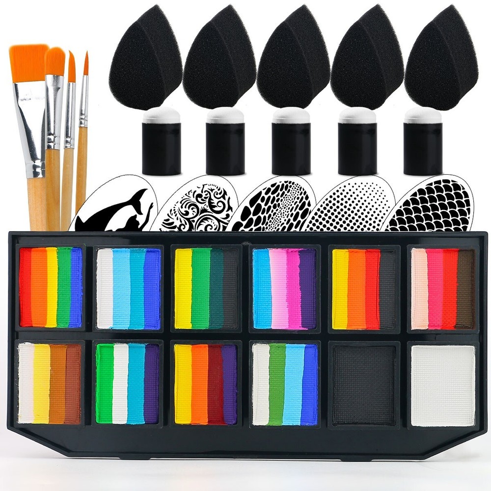 Bowitzki Professional Split Cake Face Paint Kit with Sponges Stencils Brush Kit