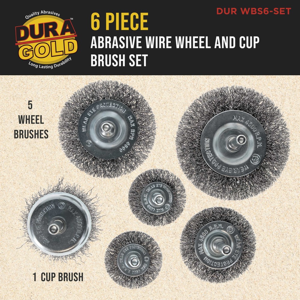 6pc Abrasive Wire Wheel and Cup Brush Set, 1/4" Drill Shank, Grind Remove Rust