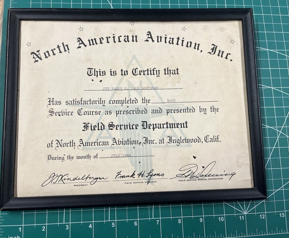 WWII US North American Aviation Service Course Certificate B-25