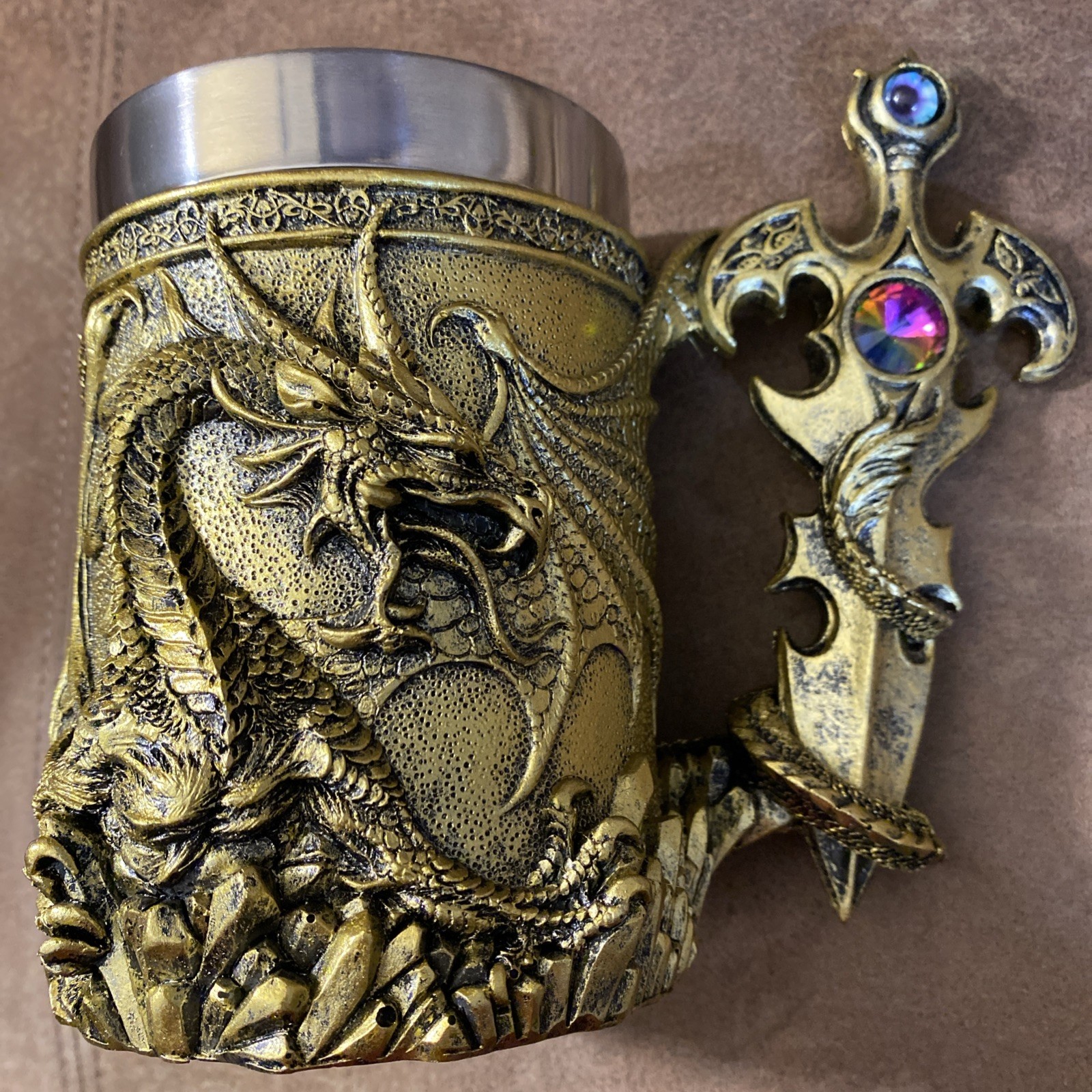 New Dungeon Dragon Jeweled Gemstone Sword Gold Drinking Mug Fantasy Mythical