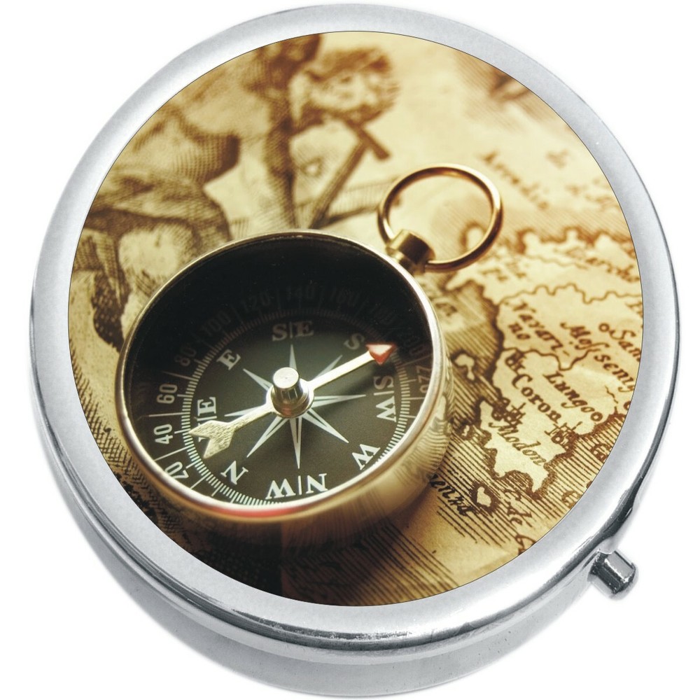 Old Compass and Map Medicine Vitamin Pill Box