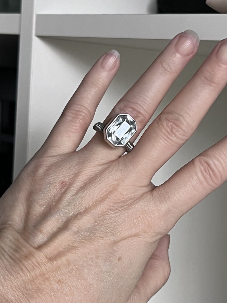 Silver and Crystal Sparkly Wire Wrapped Button Ring Size 6