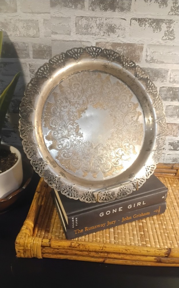 Home Decorators Silver Plated Round Tray Platter Reticulated scalloped 12.75”