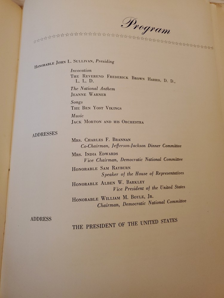 1951 Jefferson Jackson Dinner Program Includes Menu Democratic Fundraiser RARE A