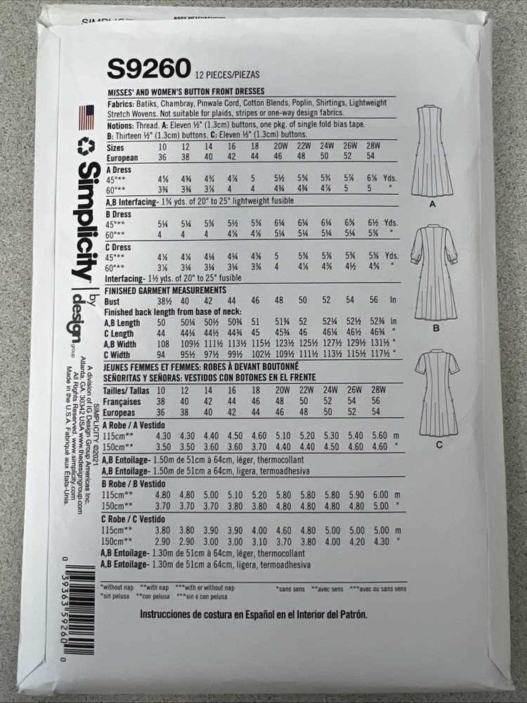 UNCUT Simplicity S9260 Misses Button Front Dresses AA (10-18) Sewing Pattern