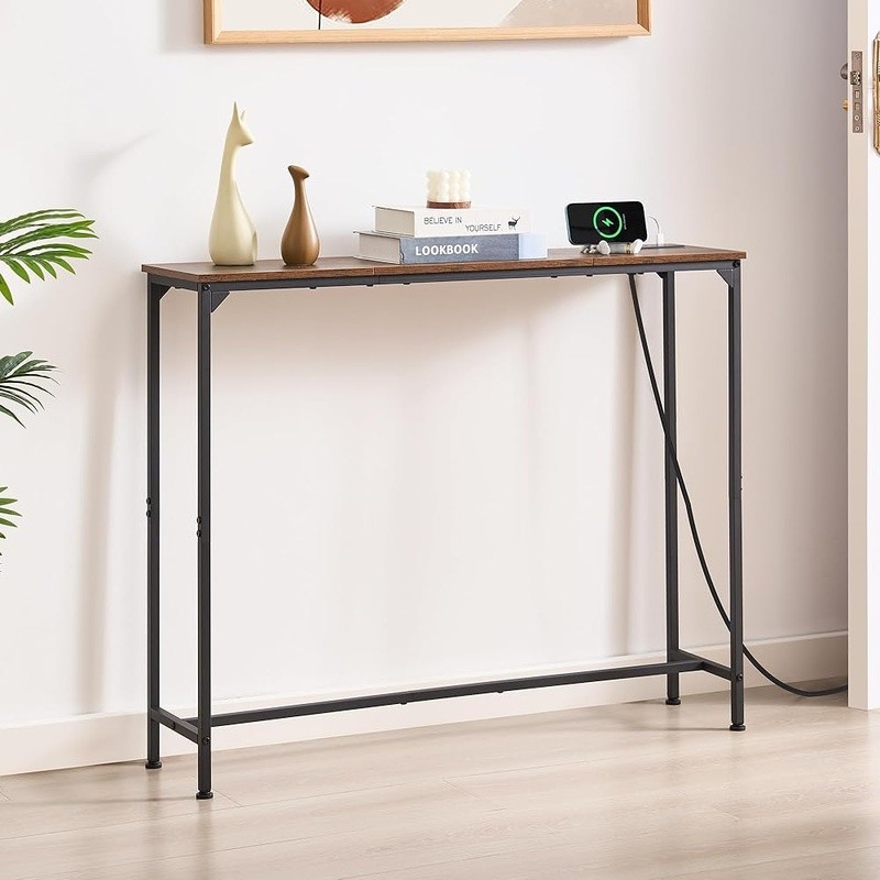Narrow Console Table W/ Outlets USB Type-C Charging Slim Sofa Entryway Storage