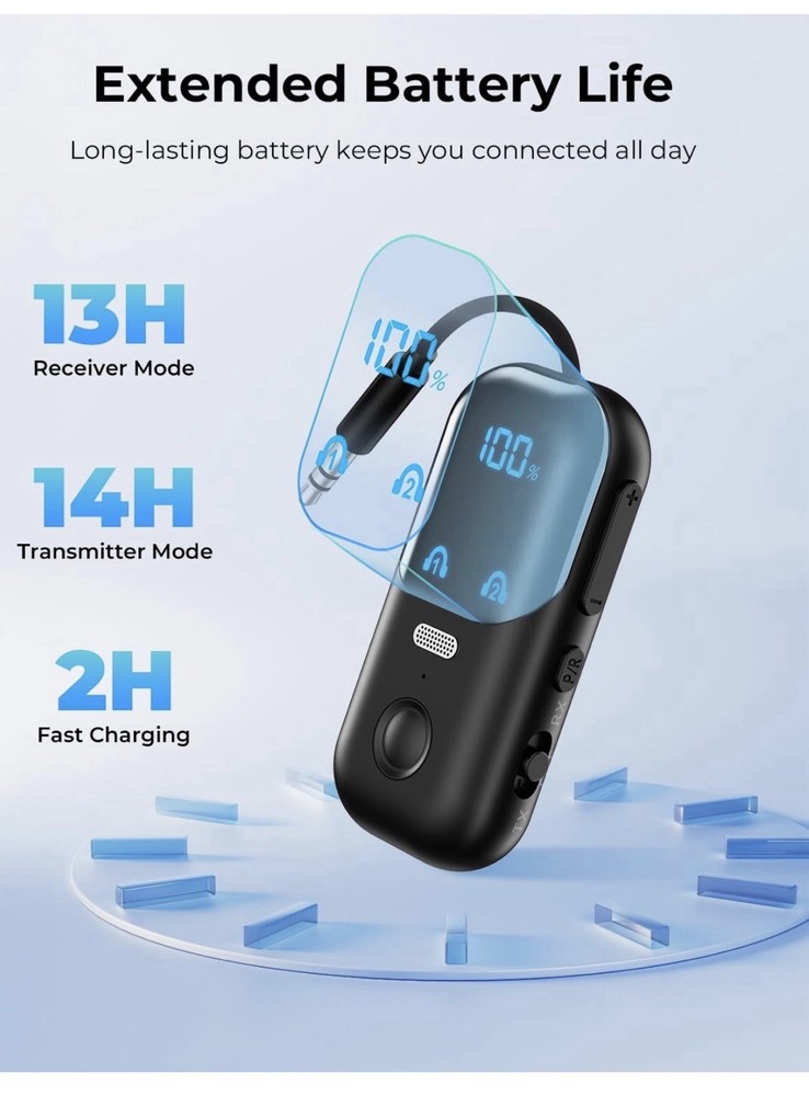 Bluetooth Wireless Dual Pairing Audio Transmitter, Fast Charging, LCD, Black