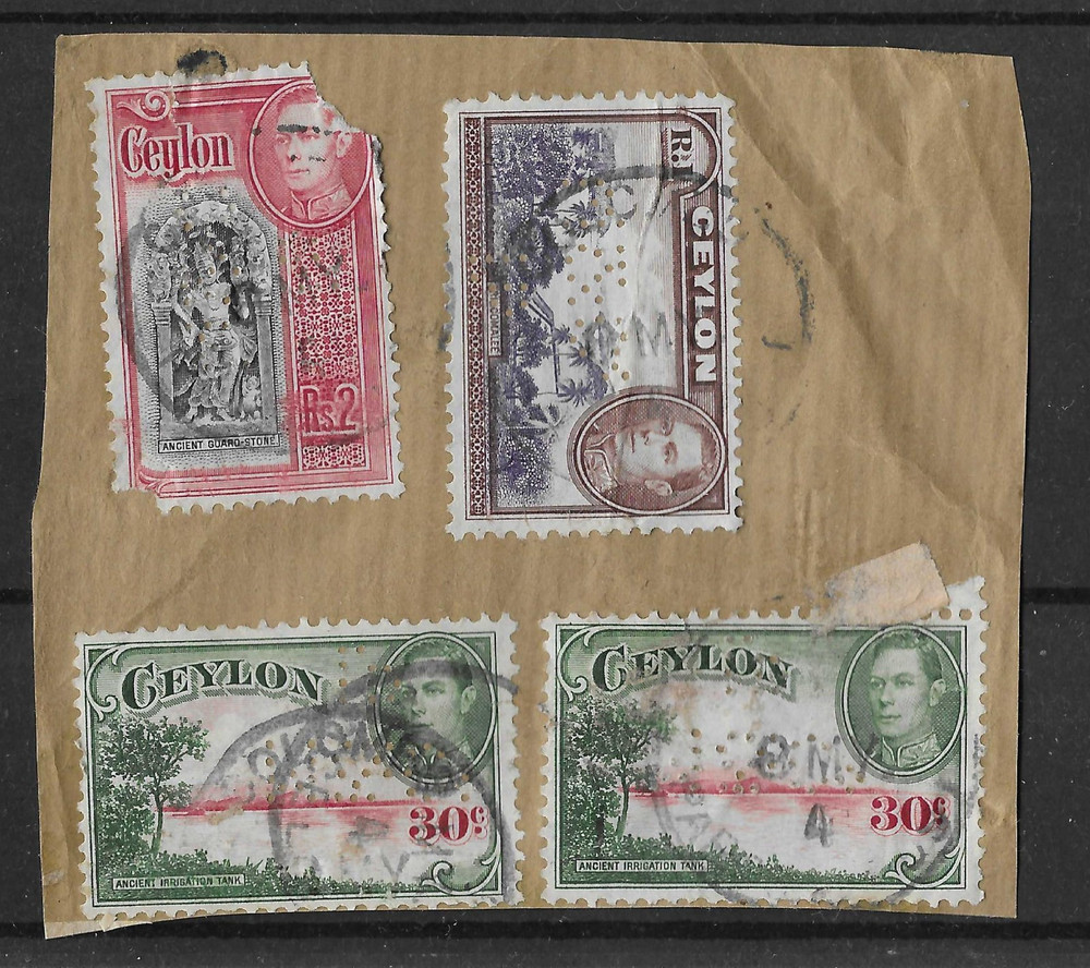 Ceylon GVI Issues with Perfins Used on Piece