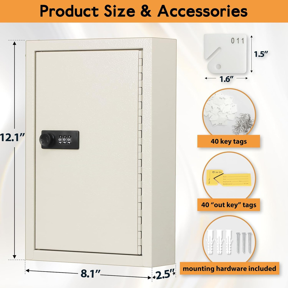 Key Storage Lock Box with Code,Locking Key Cabinet, 40 Key Management Wall Mount