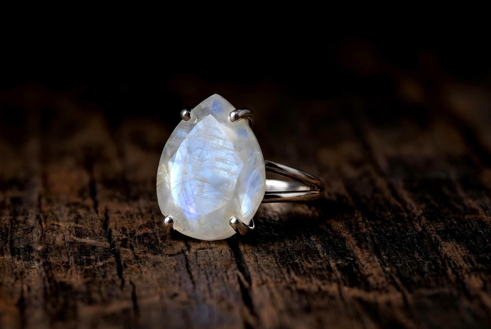 Rainbow Moonstone Ring Anemone 925 Silver Pear Shape Teardrop Gem