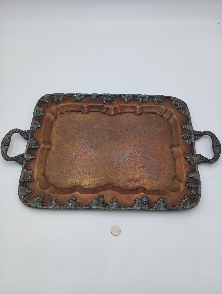 Antique Copper Handled Serving Tray Grapevine