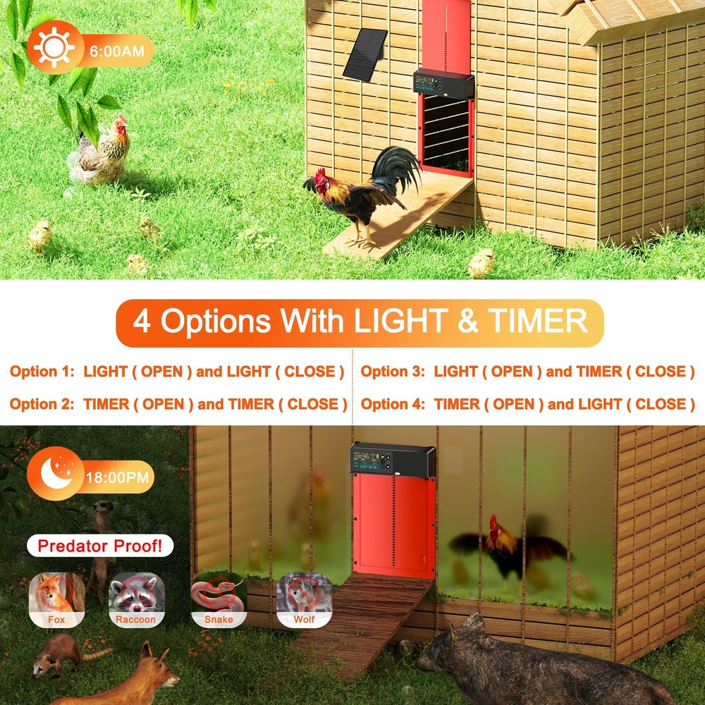 Chicken Coop Door Solar Powered with Programmable Remote Control, Automatic Alum