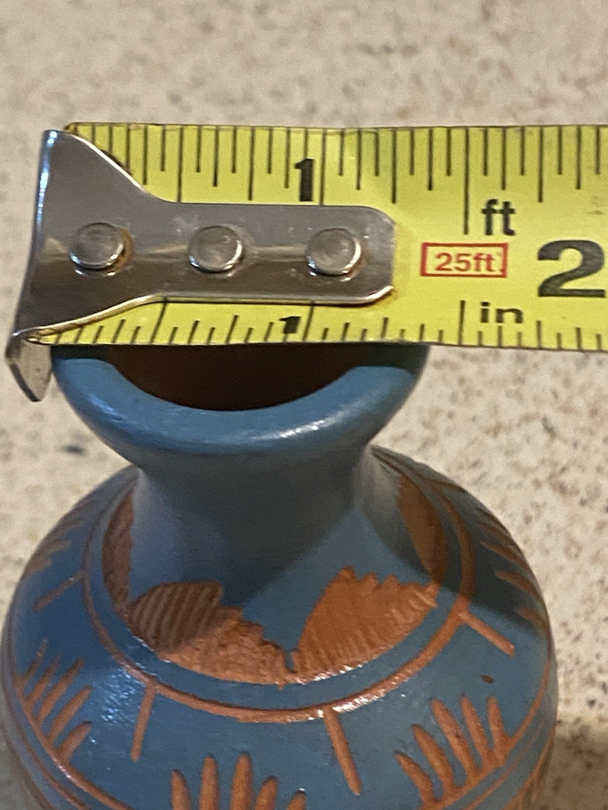 Signed Navajo Miniature Red Clay With Blue Overlay Etched Pottery Vase 4”