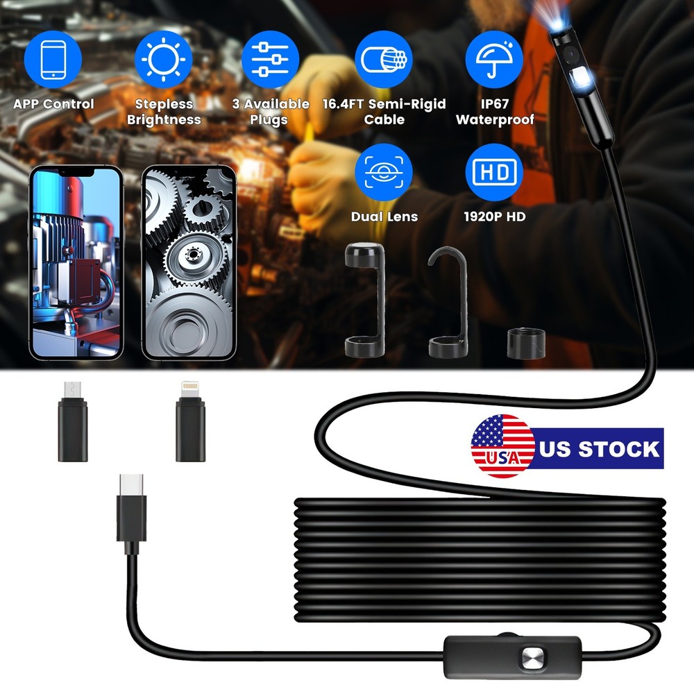 Endoscope HD Borescope with 8 Adjustable LED Lights 16.4ft Semi-rigid Cable