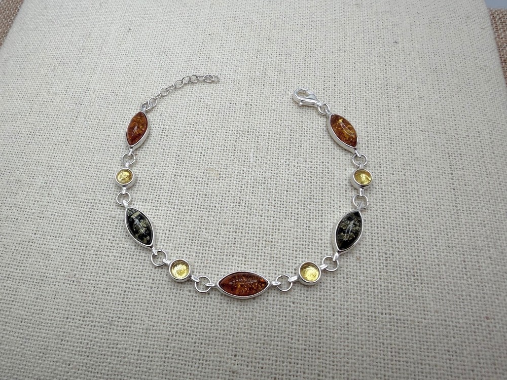 Sterling Silver Multicolor Baltic Amber Link Bracelet