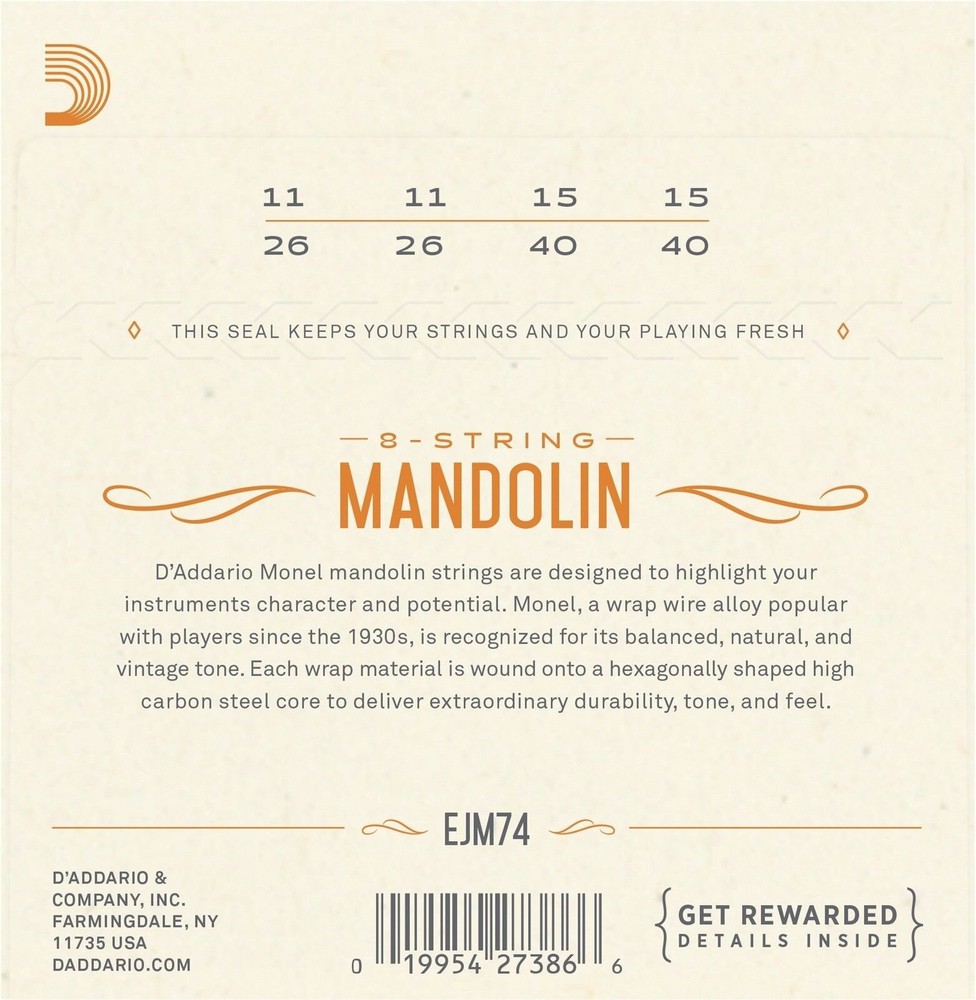 D'Addario Mandolin Strings 3 Sets Loop End Monel EJM74 11-40