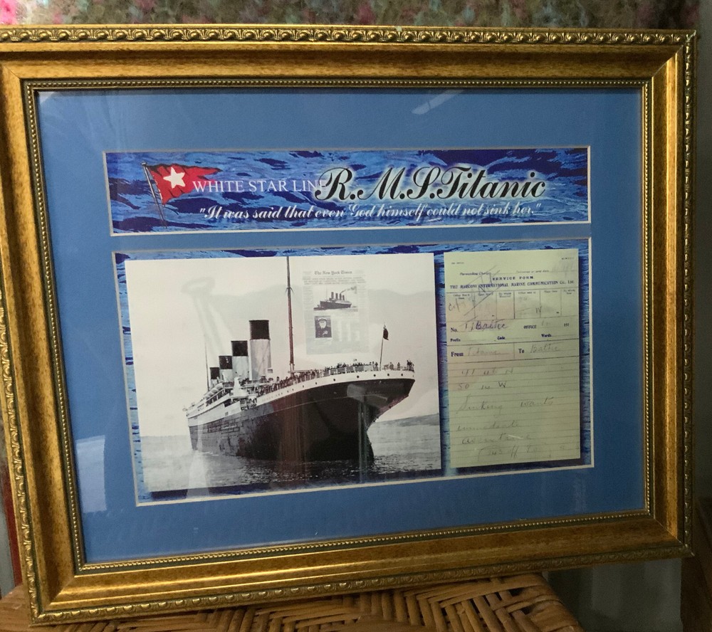 2000 Framed Commemorative Print - Titanic, Newspaper,  SOS - Baltic  Log Form