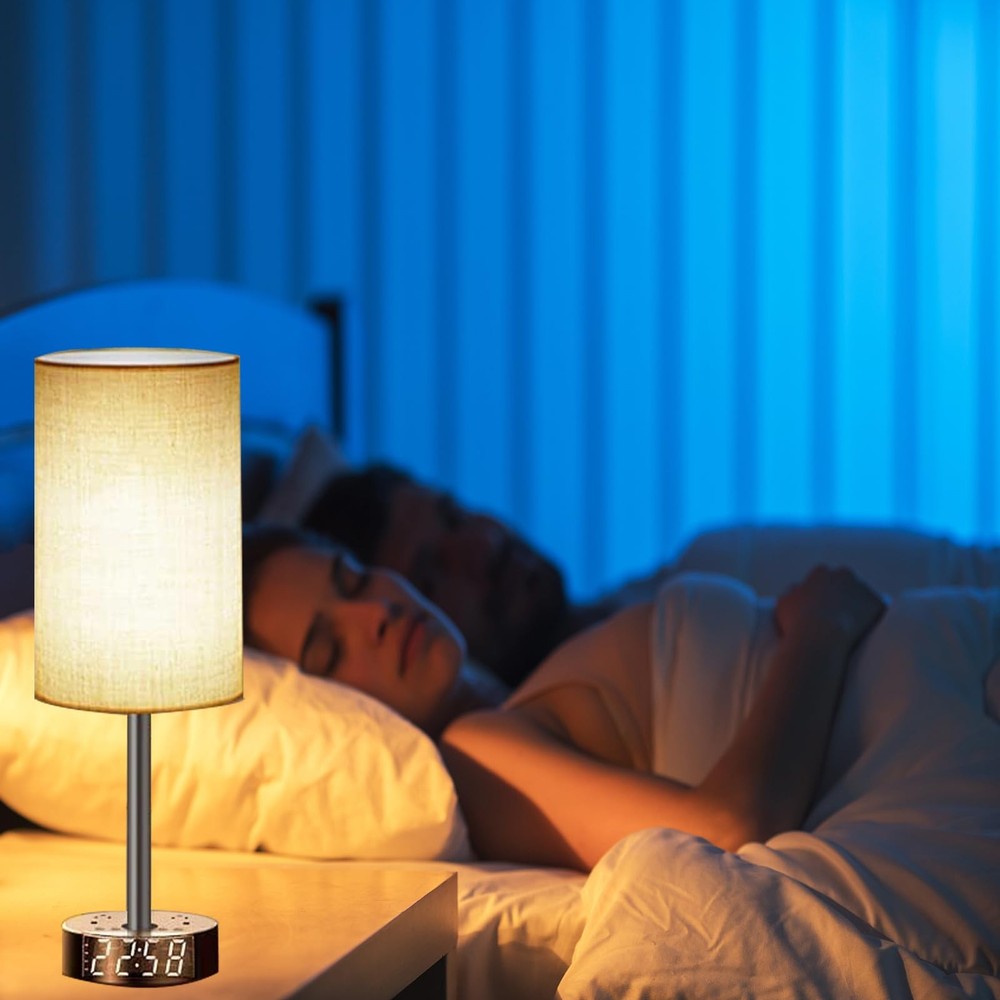 Touch Control Nightstand Lamp USB C Charging Alarm Clock Dimmable Gray
