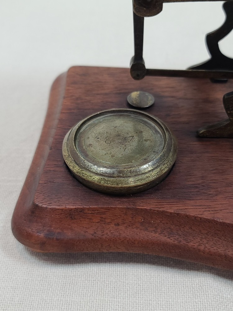 Antique Postal Scale Brass W/Walnut Base and Weights