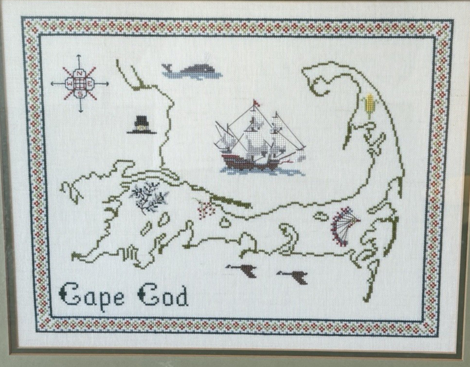 Vintage Framed Needlepoint Art Cape Cod Mass Embellished Map Signed Dated 1991