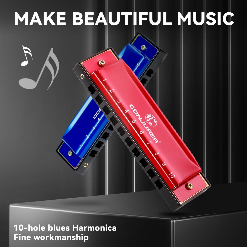 CONJURER Blues Harmonica for Beginners 10 Hole Diatonic Harmonica Key C Red US