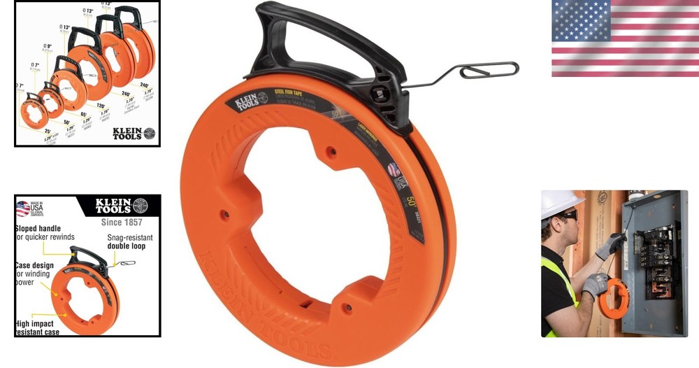 50-Foot Klein Tools Steel Fish Tape - Precision Wire Puller with Double Loop