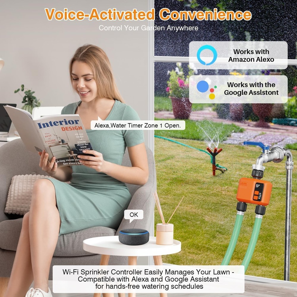 WiFi Garden Water Timer 2-Zone Smart Sprinkler Controller App Voice Control