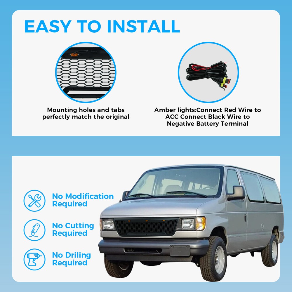 Front Grille for 2003-2007 Econoline E150 E250 E350 Grill with LED Light Bars