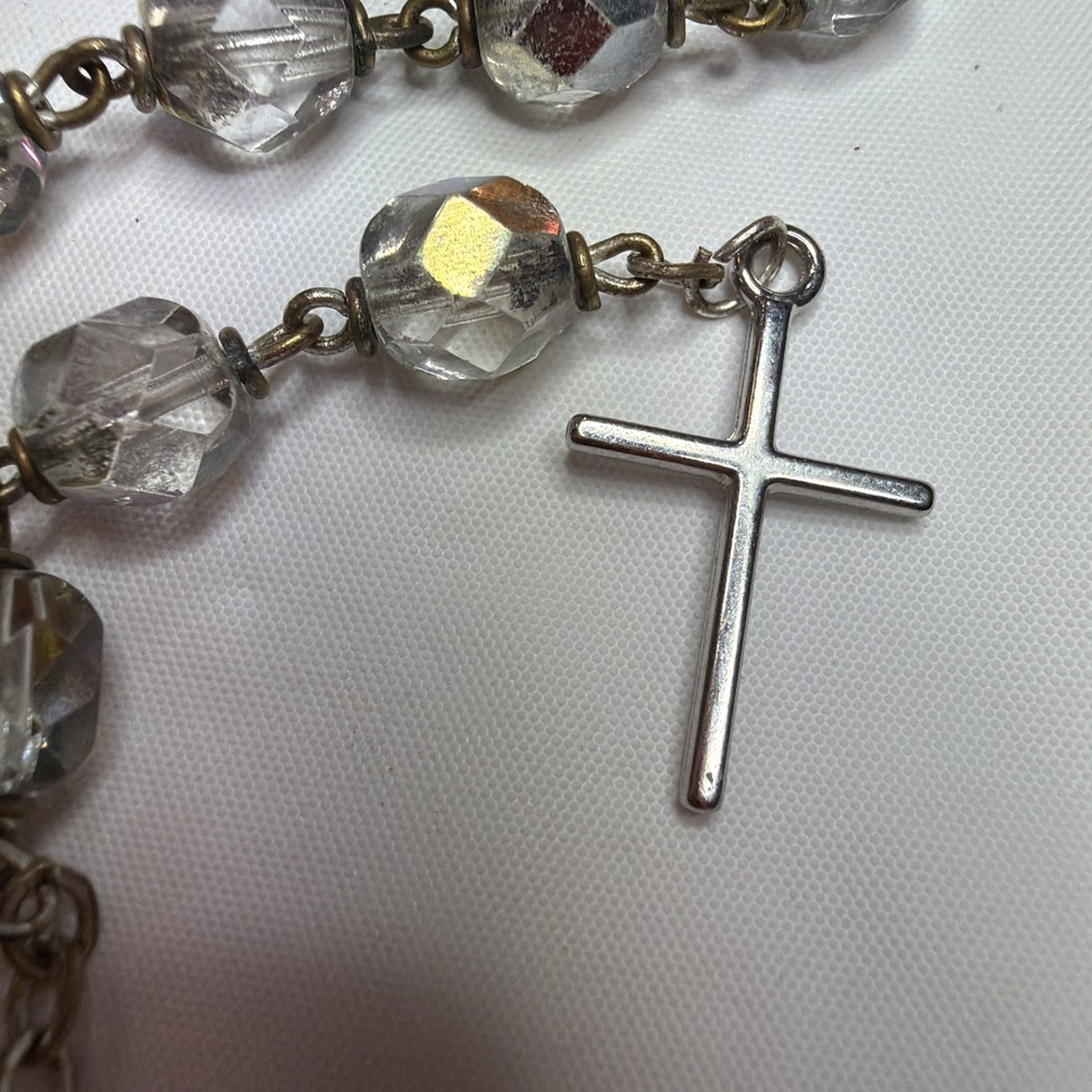 Signed Italy Silver Tone and Clear Beads Rosay