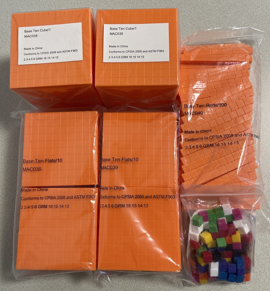 Base Ten Block Math Manipulative Kit Orange Plastic Cube Flat Rod Single 222 pc