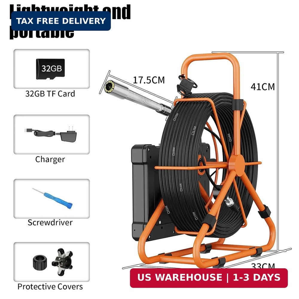 Sewer Camera 100FT/30M Pipe Inspection Borescope Endoscope Camera with Light 12