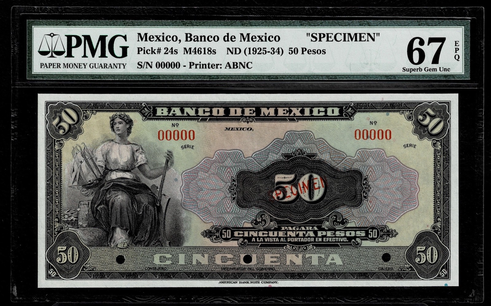 1925-34 $50 Pesos  'SPECIMEN 'Mexico Banco de Mexico Superb Gem PMG 67