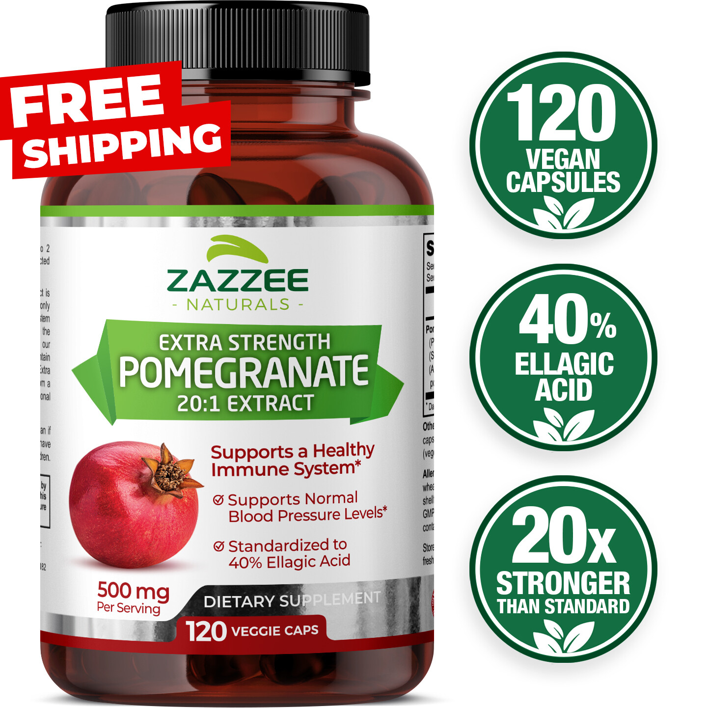 Extra Strength Pomegranate 20:1 Extract 40% Ellagic Acid, 500 mg, 120 Vegan Caps